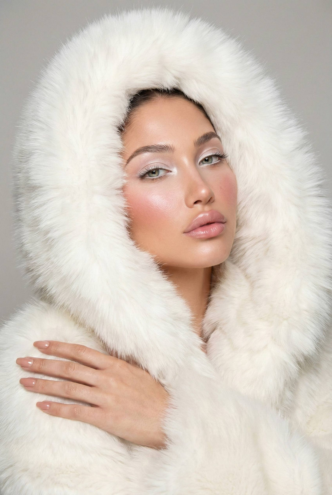A woman in a luxurious white faux fur coat with a soft neutral background, showcasing her serene expression and glossy makeup.