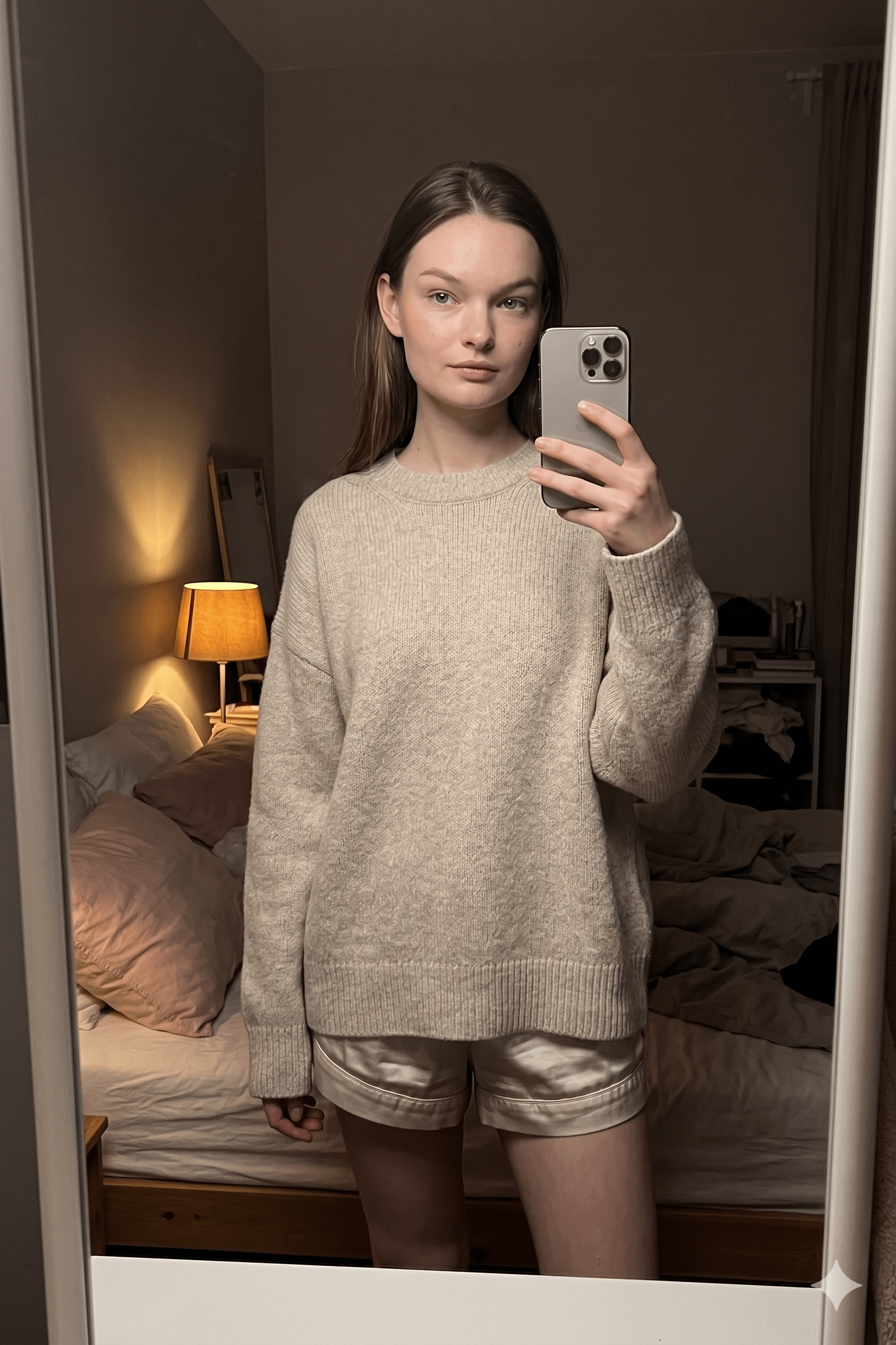 Cozy Bedroom Mirror Selfie Warm Amber Glow