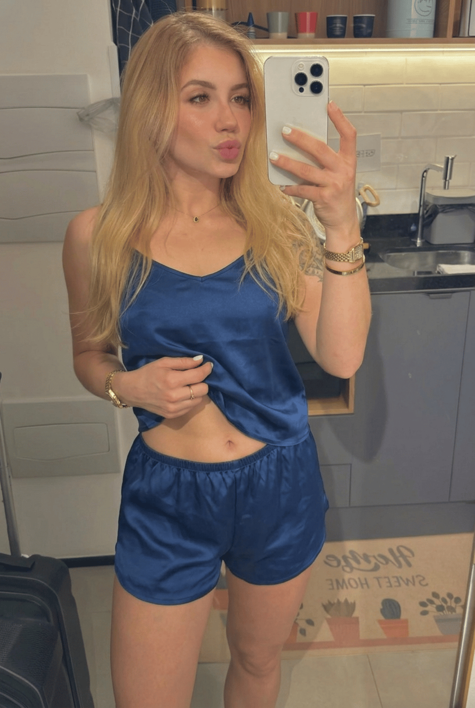 Kitchen Mirror Selfie Silky Nightwear Soft Lighting