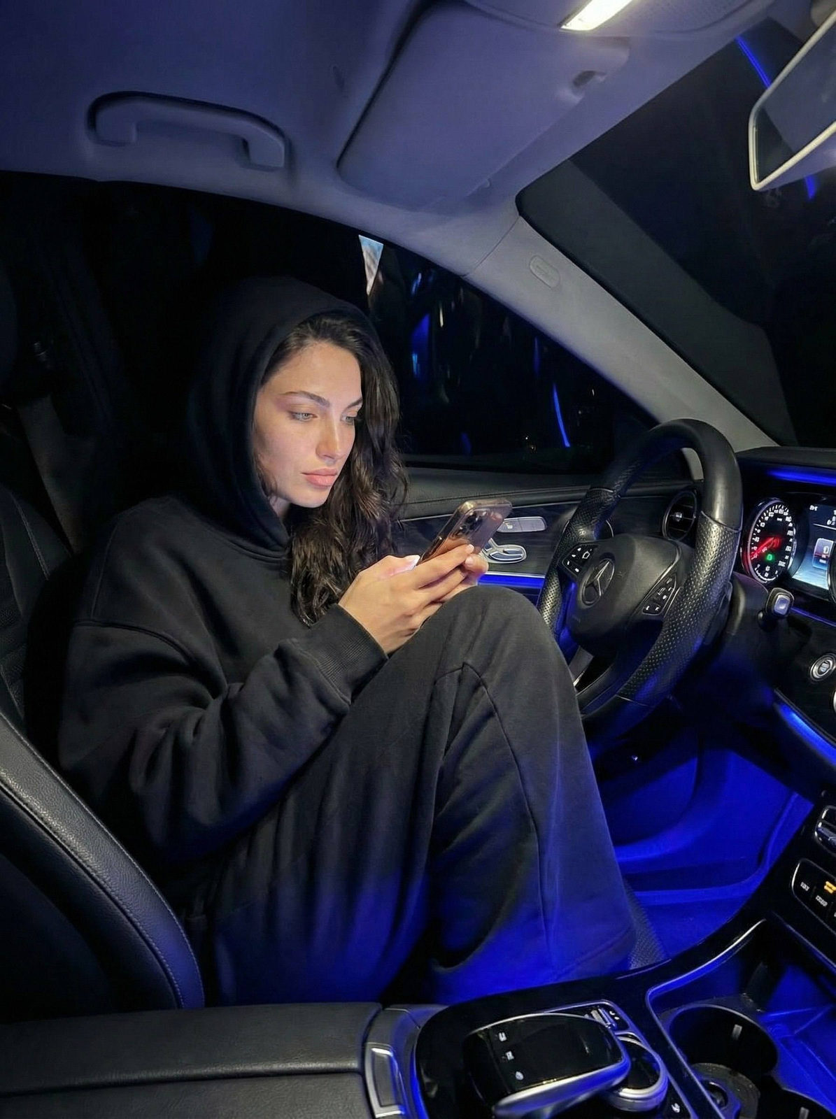 Night Car Interior Girl Phone Light