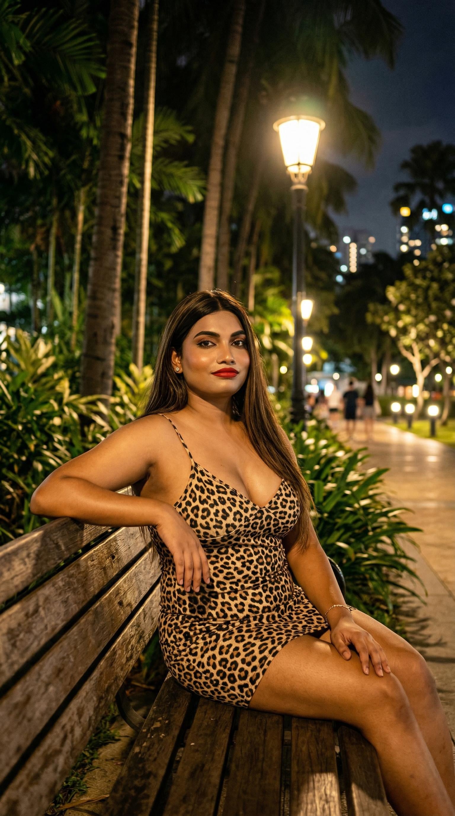 Night Park Bench Leopard Dress Lush Foliage