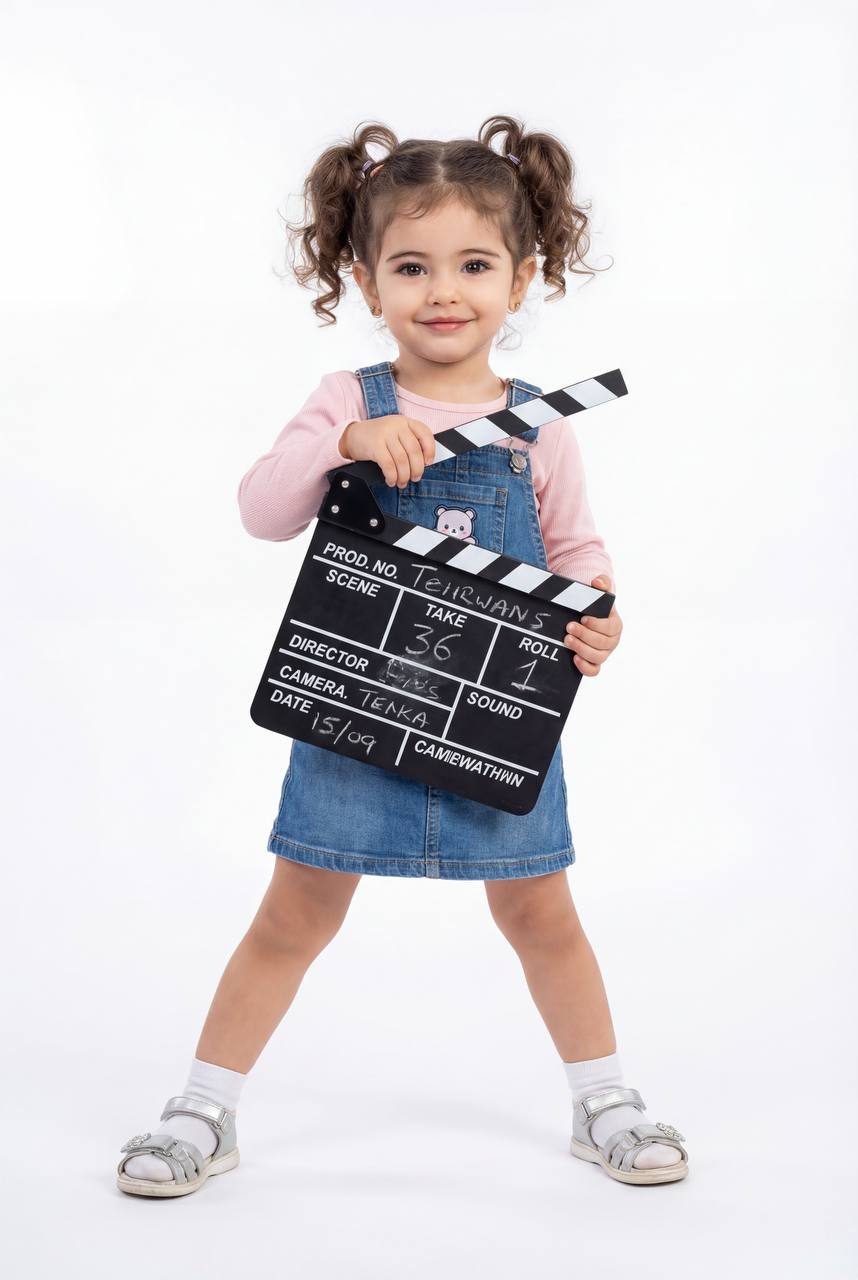 A playful little girl stands with a clapperboard against a white background, showing a warm smile.