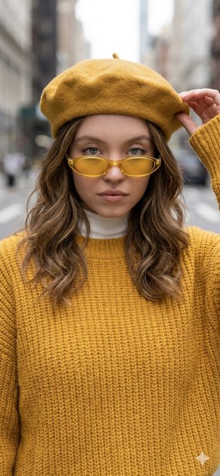Gemini Nano Banana pro Prompt: Close-up fashion portrait of a woman facing camera while slightly lifting a mustard w...