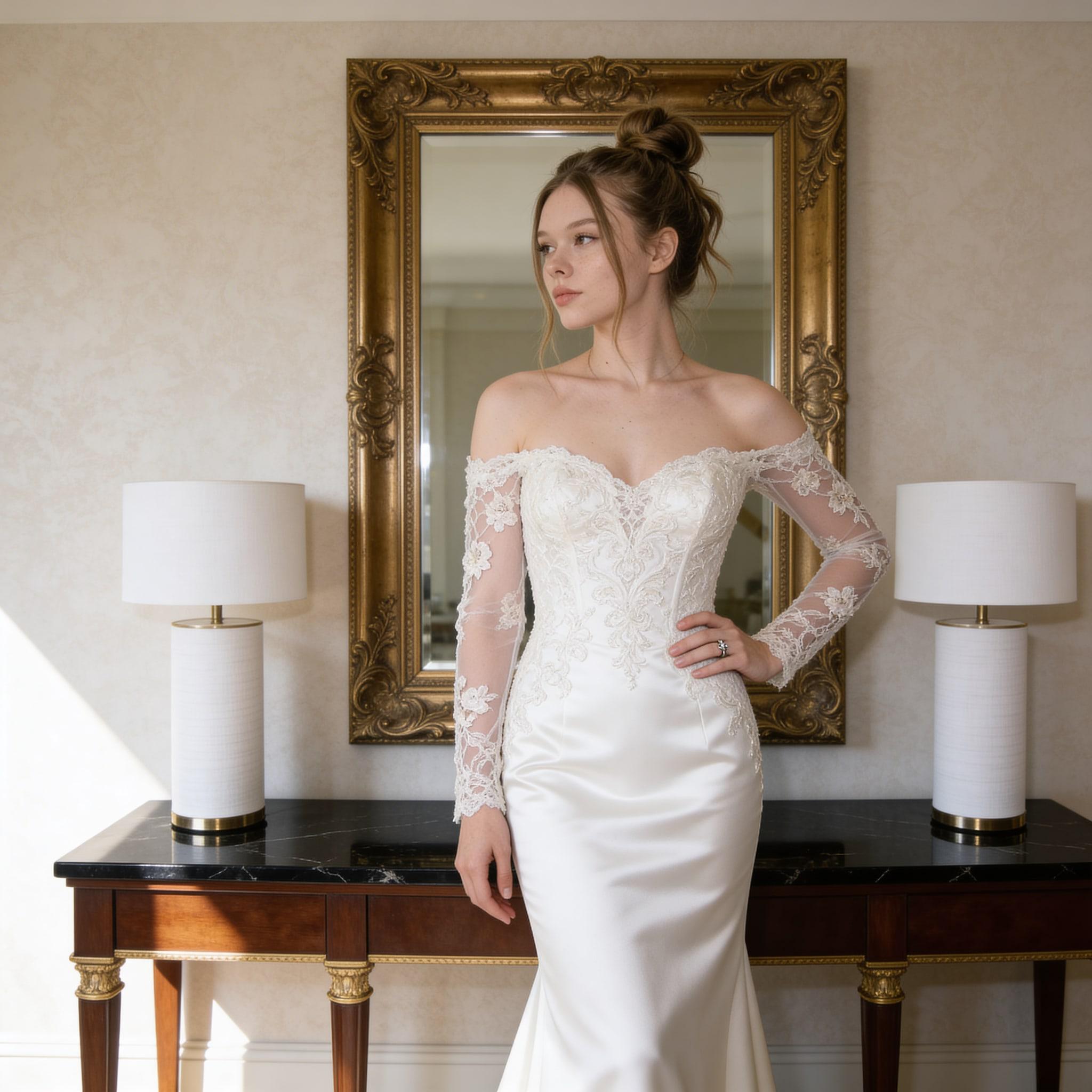 Bridal Dress Satin Lace Off Shoulder Serene Pose reference photo