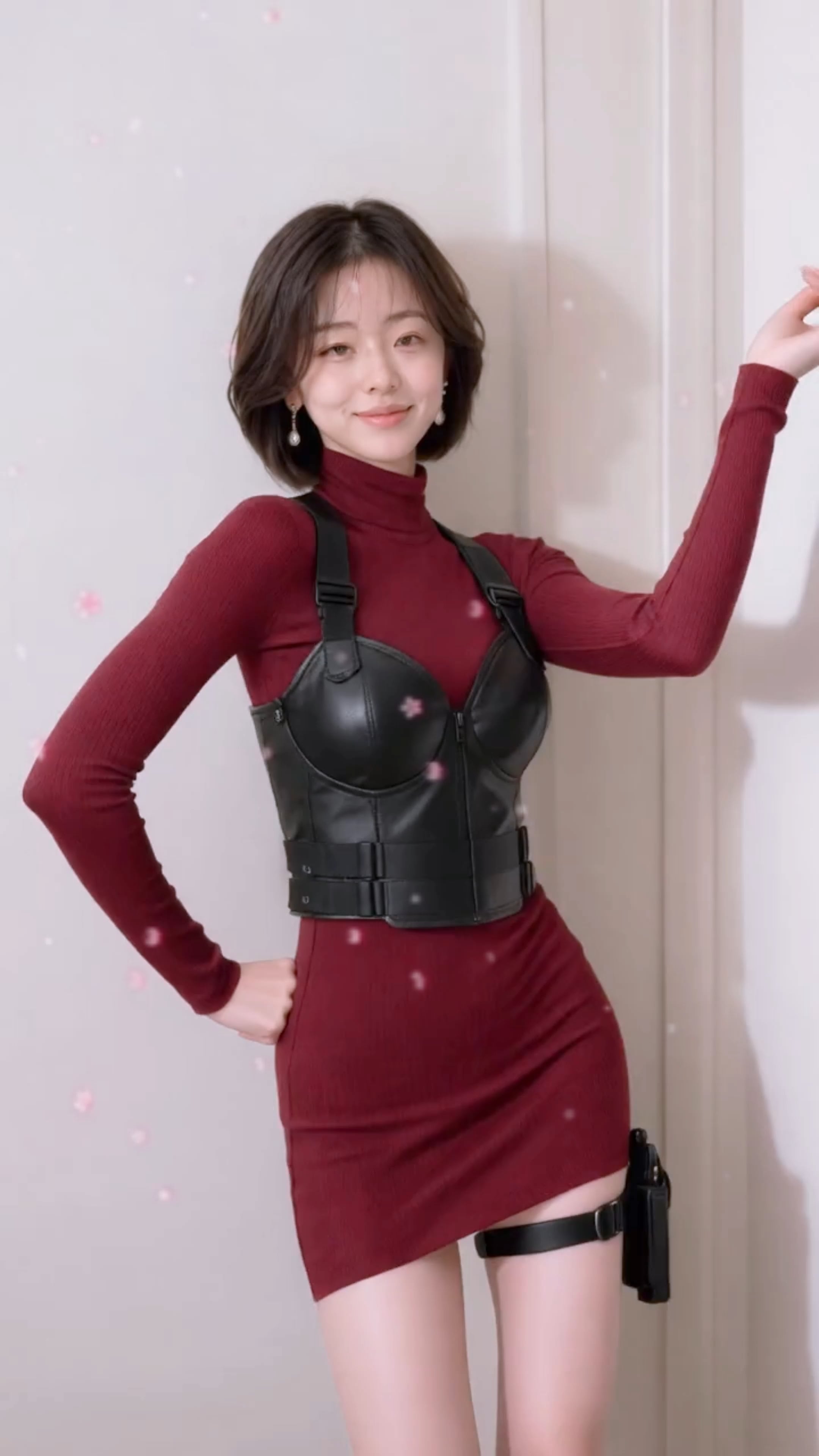 A woman in a dark red ribbed turtleneck dress and black corset holster poses confidently against a light wall.