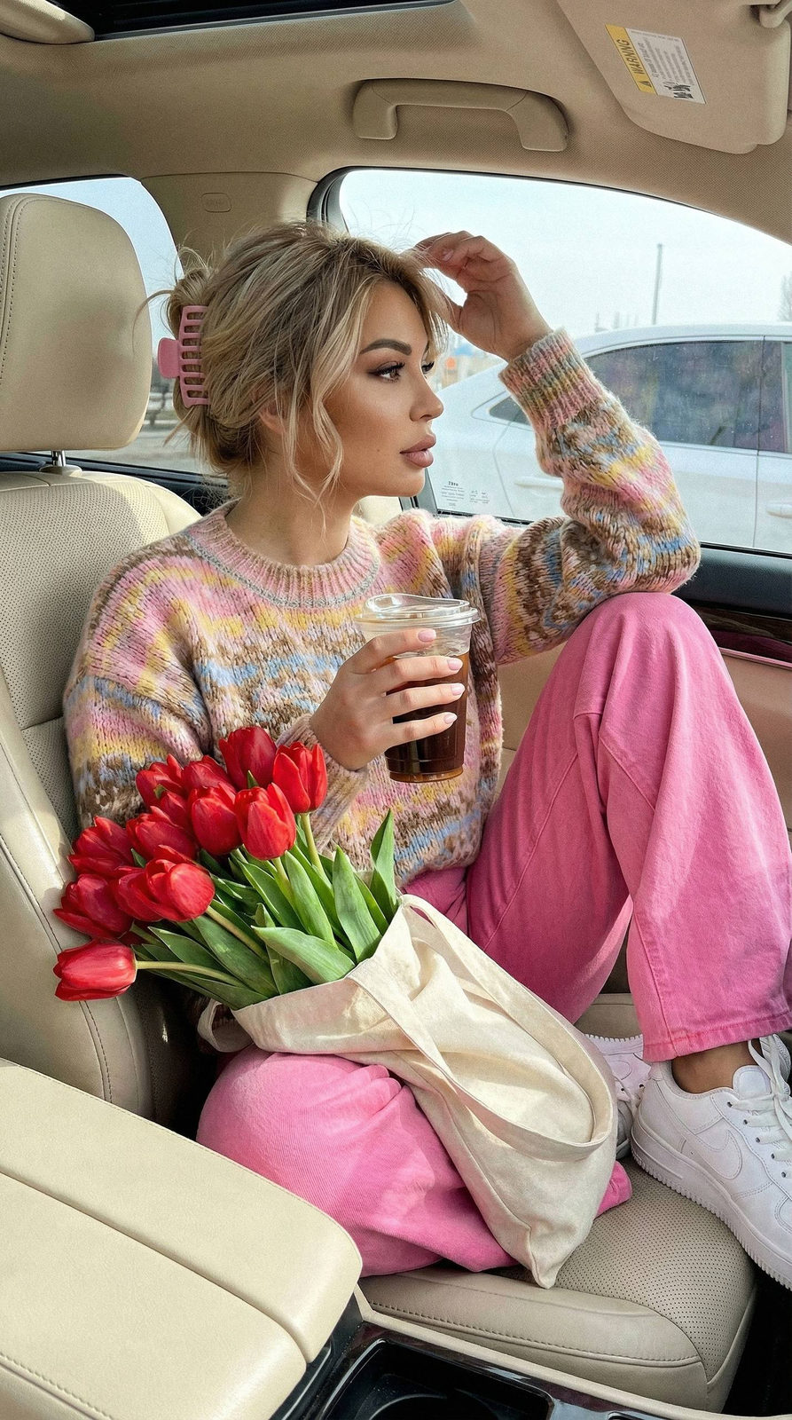 Realistic Car Interior Girl Sunny Day