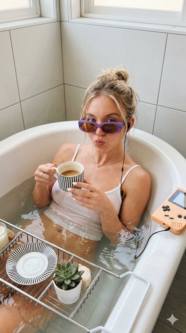 Sydney Sweeney Bathtub Playful Kiss Purple Sunglasses