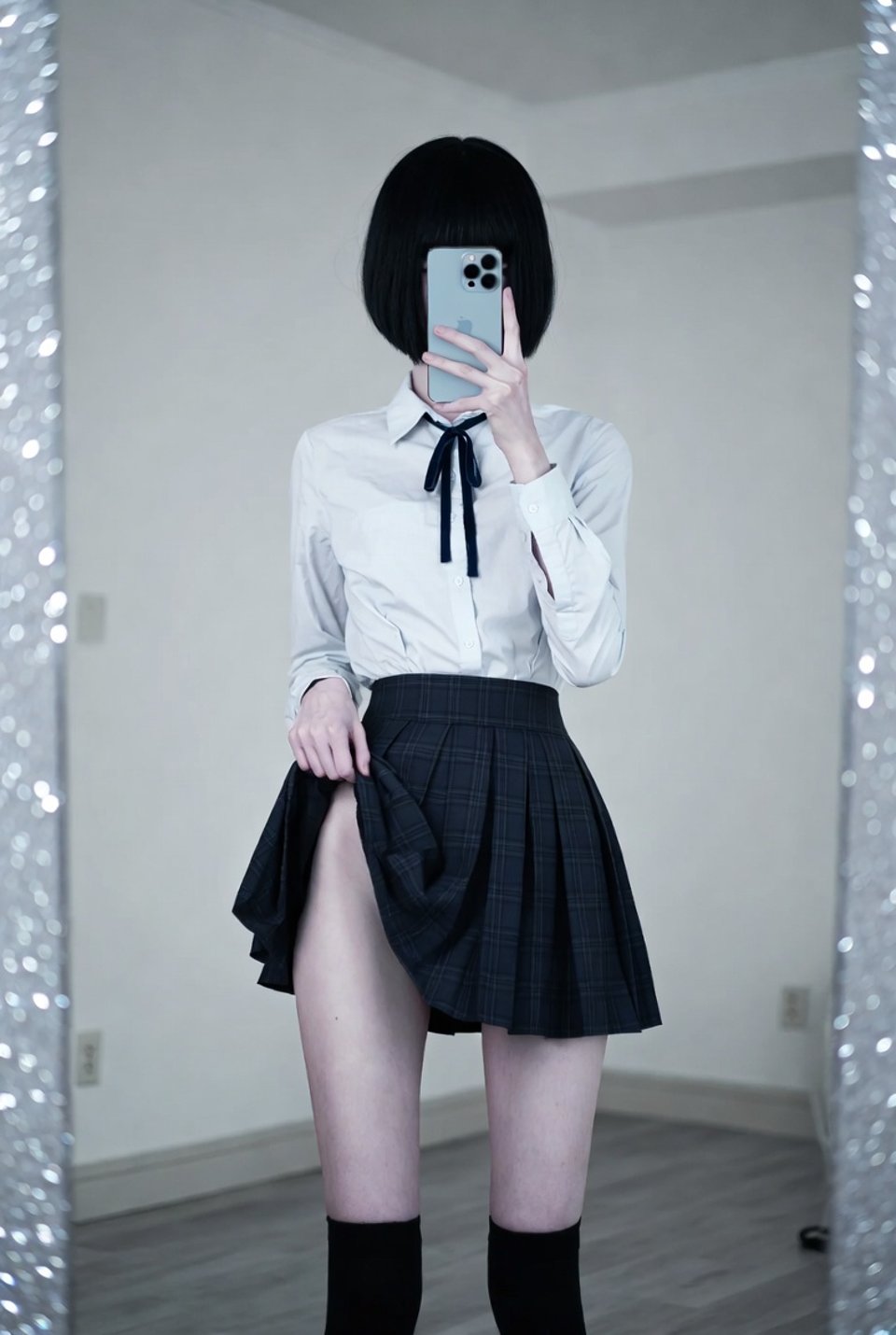A slender woman in a plaid pleated skirt lifting the hem while taking a mirror selfie, her face hidden by a smartphone.