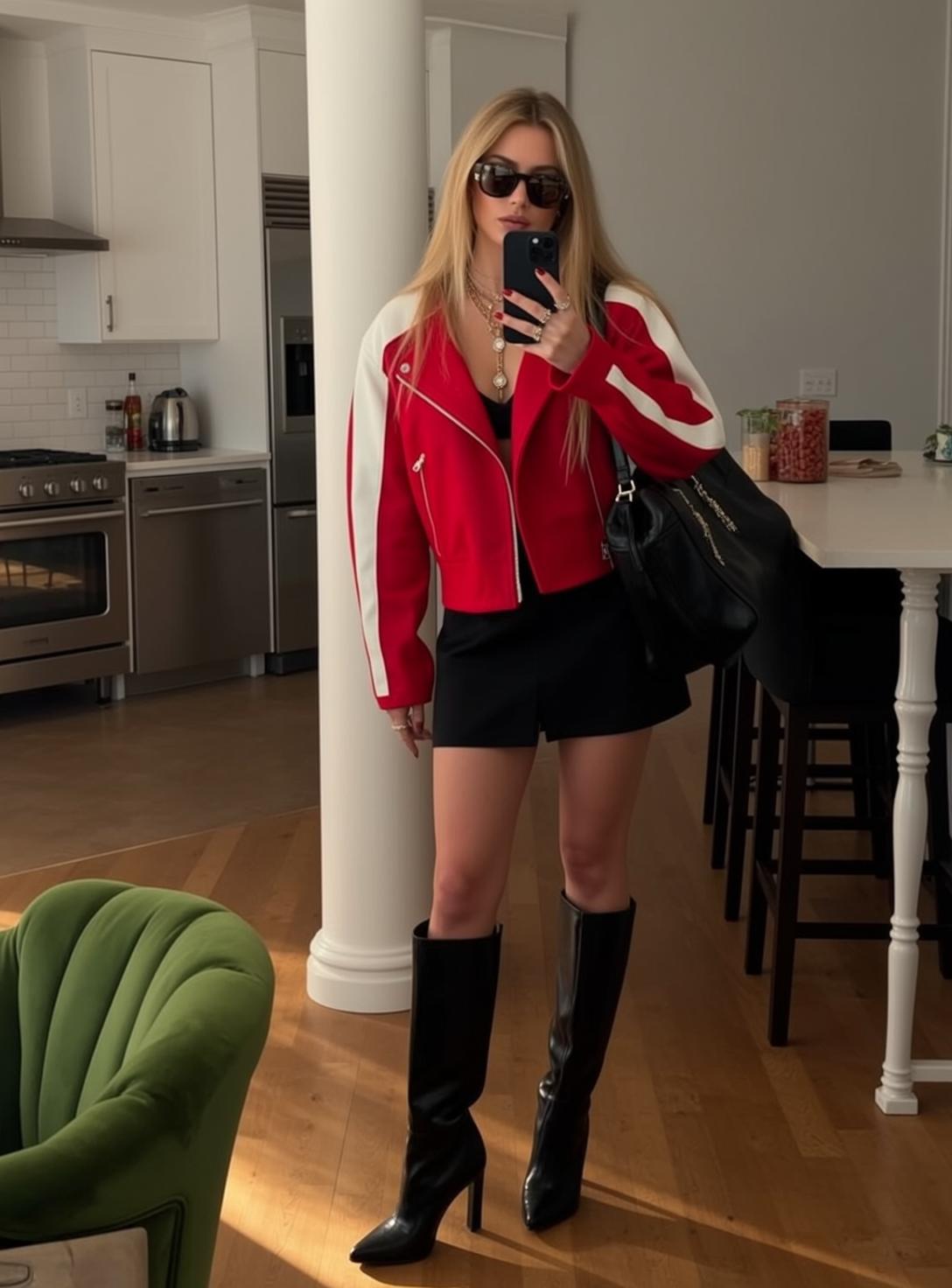 Red White Jacket Kitchen Selfie reference photo