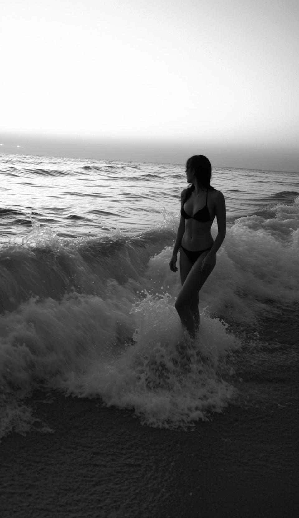 Full-body Vertical Black And White Photograph Captures Woman Standing The reference photo