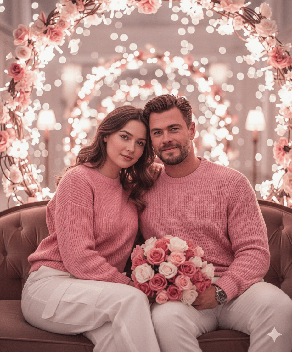 Couple in matching pink sweaters on a velvet sofa with a rose bouquet and soft fairy lights in the background.