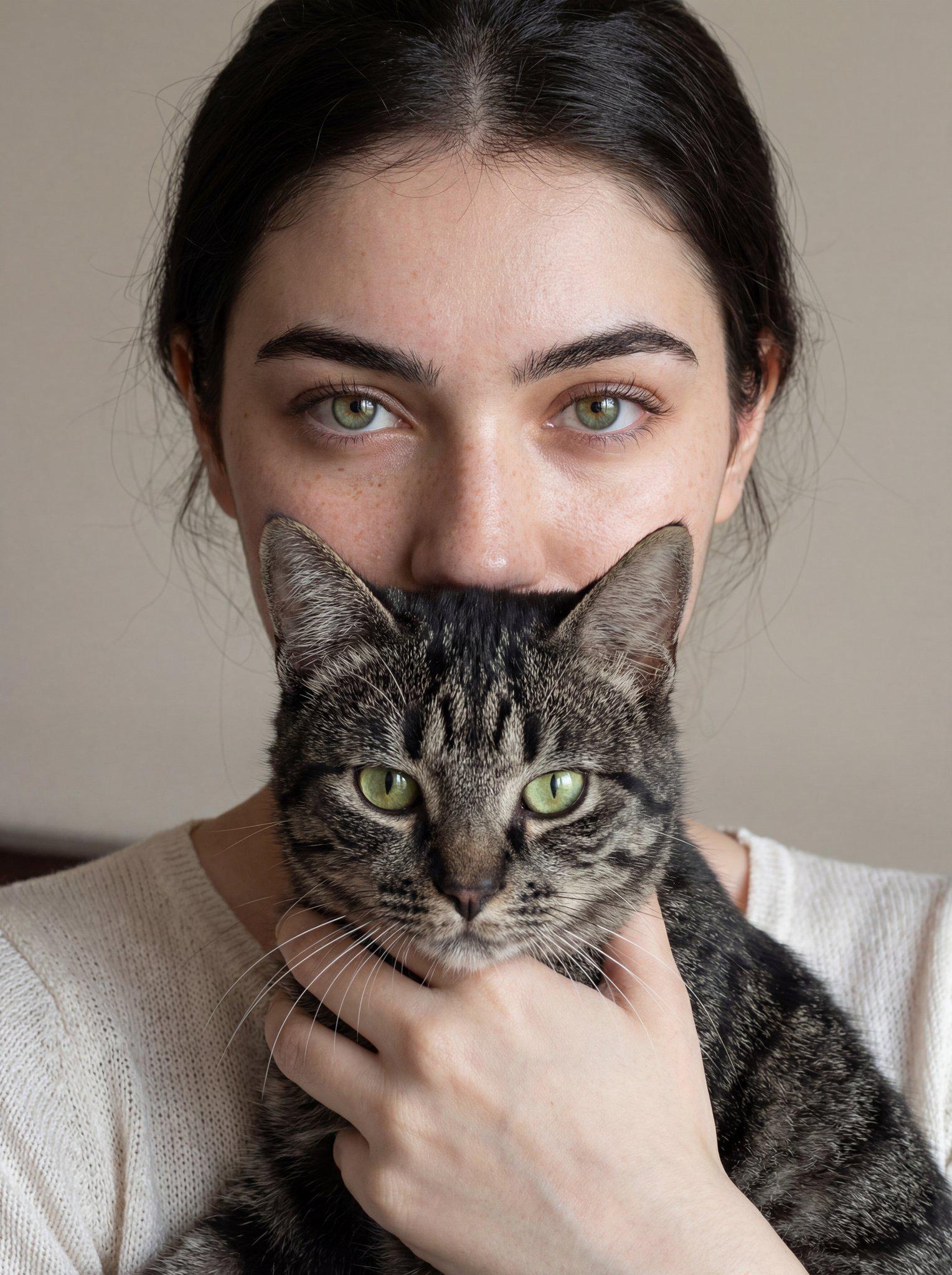 Tabby Cat In Front Plain Light Beige Wall reference photo