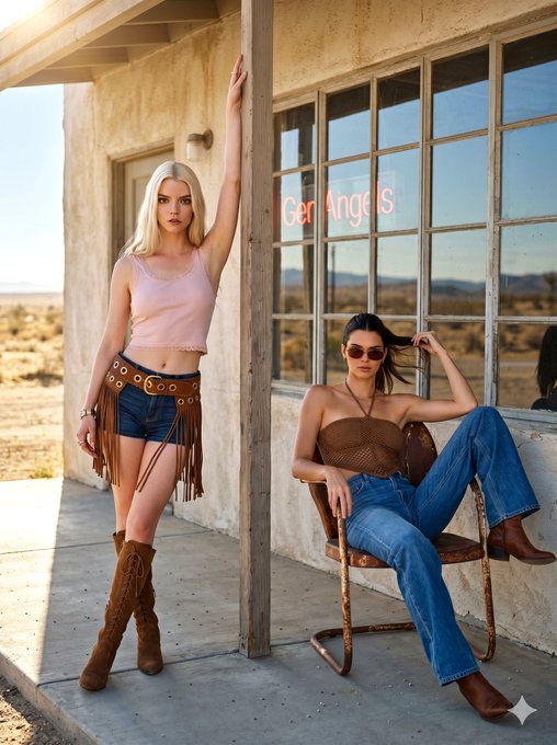 Desert Roadside Outpost Two Stylish Women Sun Drenched