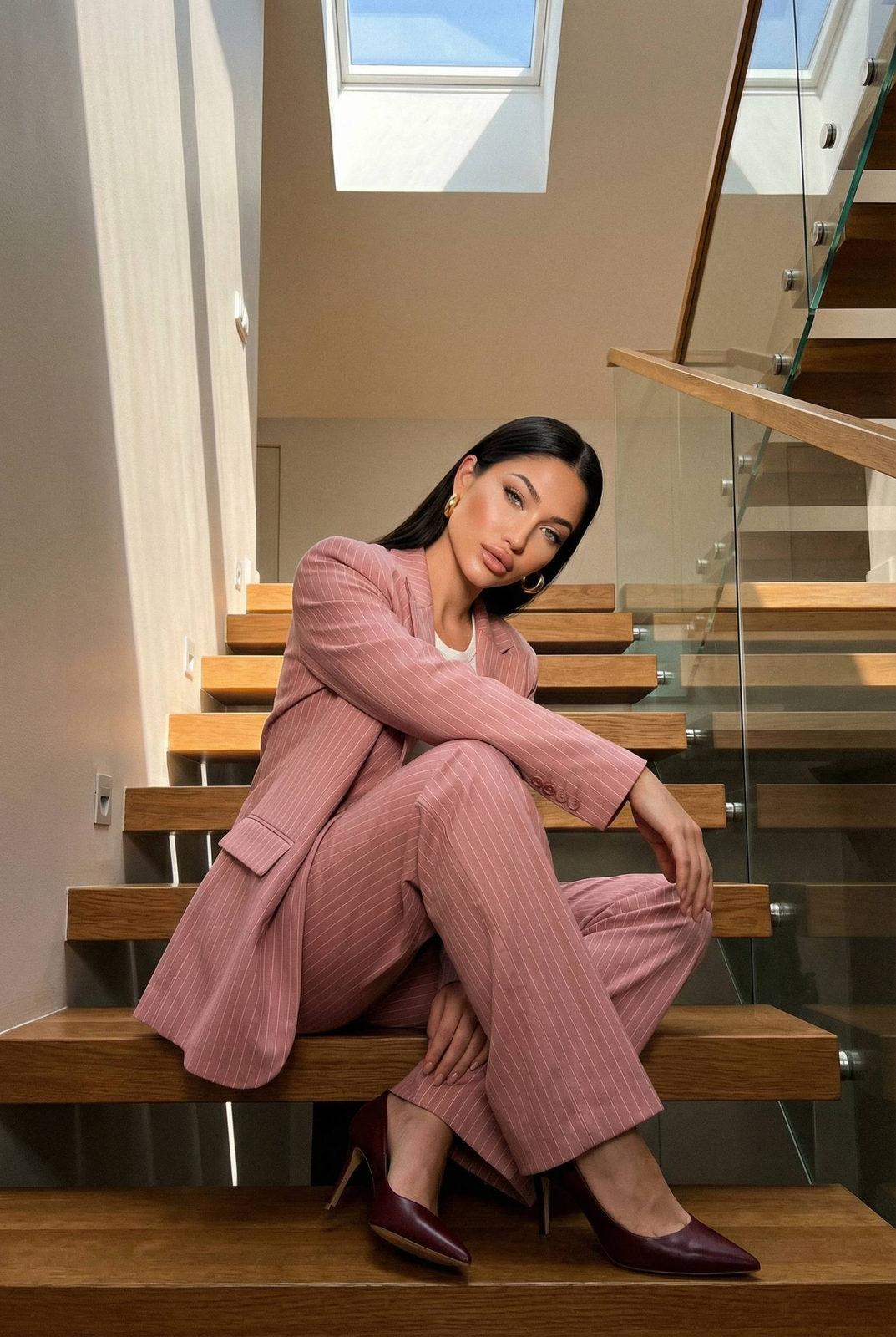 Luxury Staircase Pinstripe Blazer Lifestyle