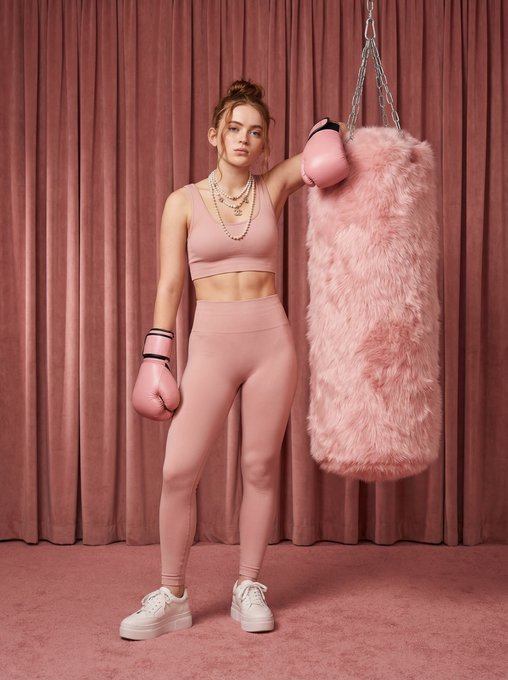 Pink Velvet Studio Athletic Set Boxing Gloves Pearl Necklaces