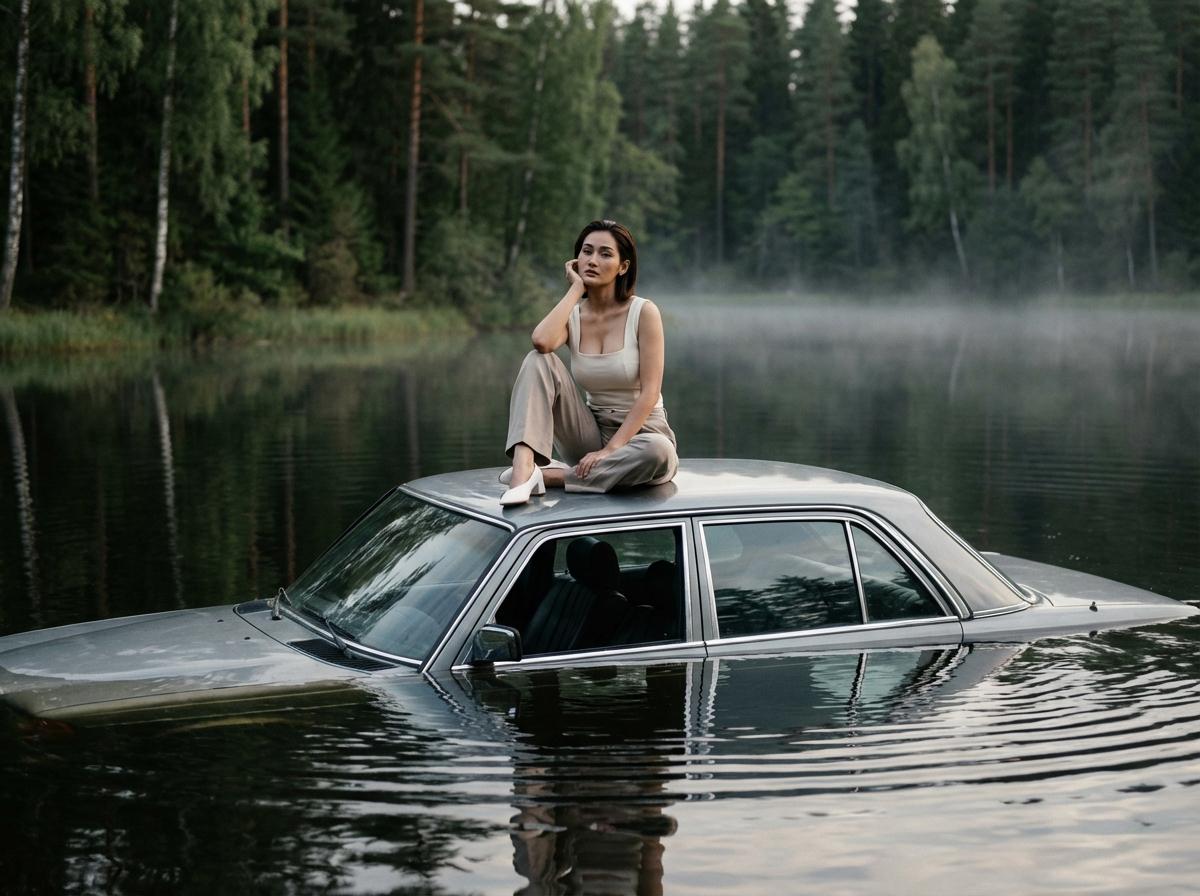 Submerged Car Calm Lake Forest Background