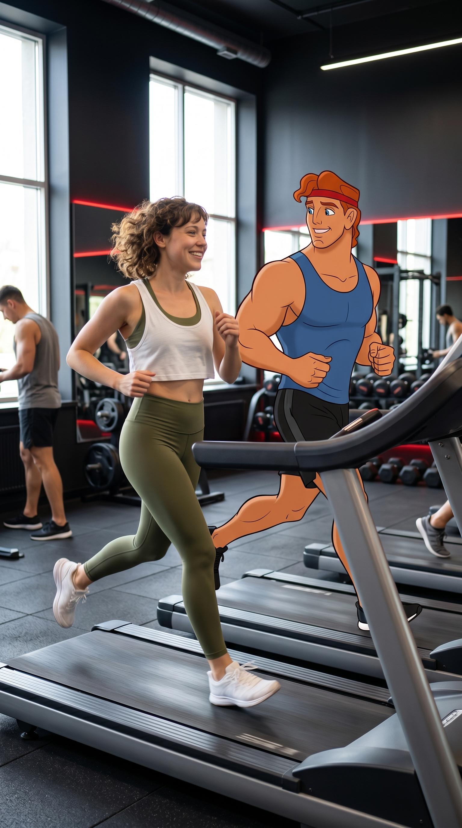 A woman in olive green leggings and crop top smiles as she runs on a treadmill in a modern gym with bright daylight.