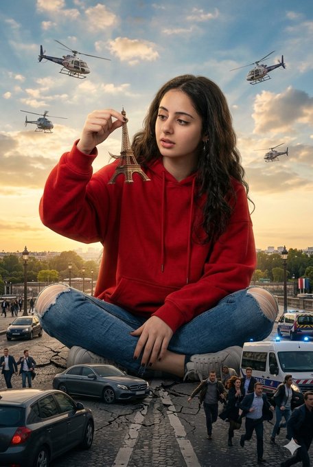 Giant Girl Paris Golden Hour Holding Eiffel Tower