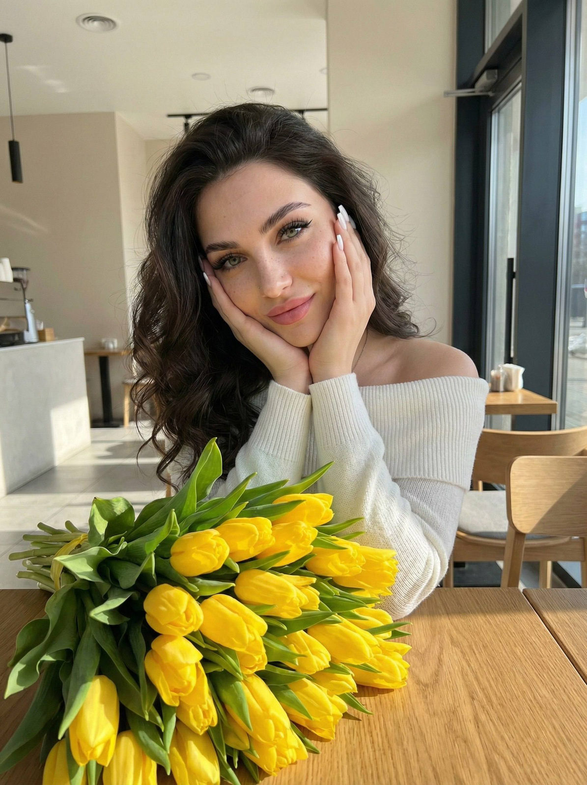 Realistic Cafe Girl Yellow Tulips