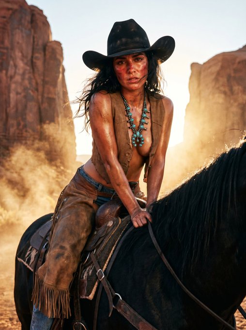 A cowboy wearing a black hat and brown leather vest sitting on a black horse with sandstone cliffs in the background.