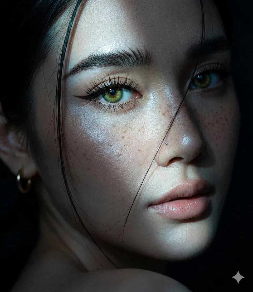 Green Eyes Winged Eyeliner Freckles Looking Back