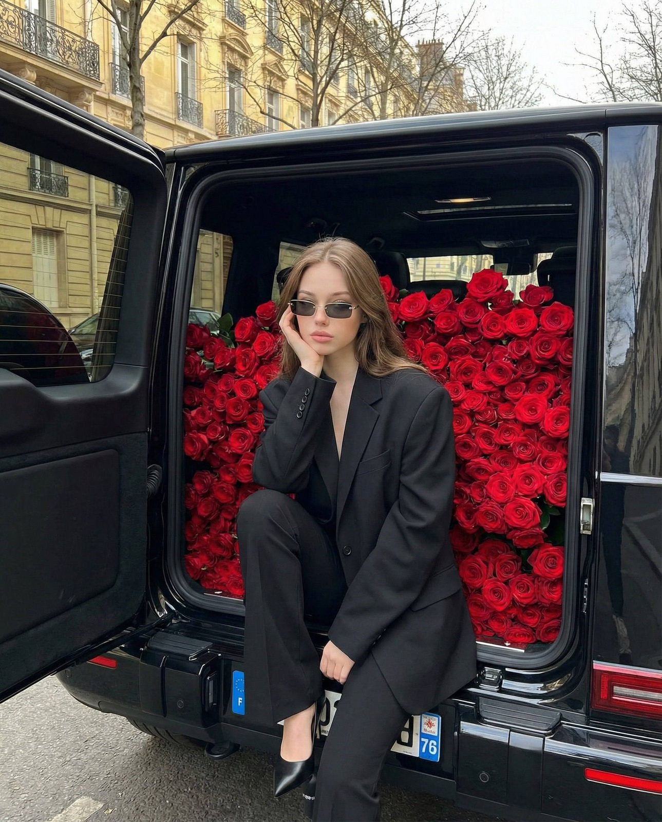 Woman With Photo Luxury Car Roses