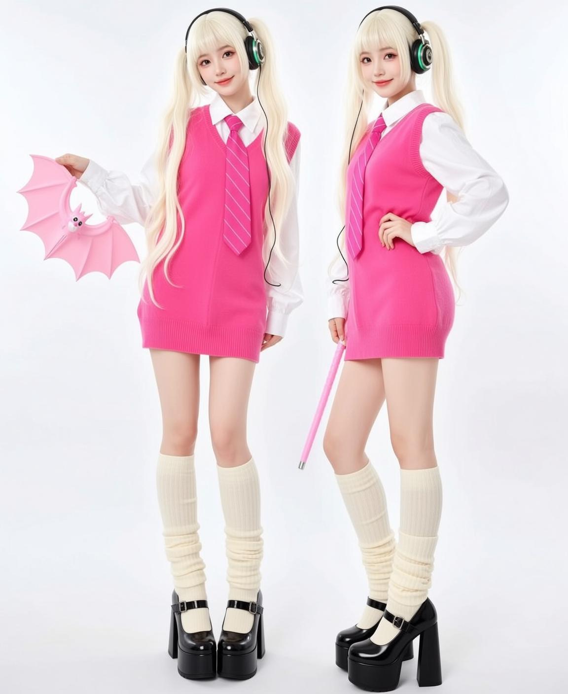 White Collared Shirt Pink Sleeveless Sweater Dress Soft Studio Lighting reference photo