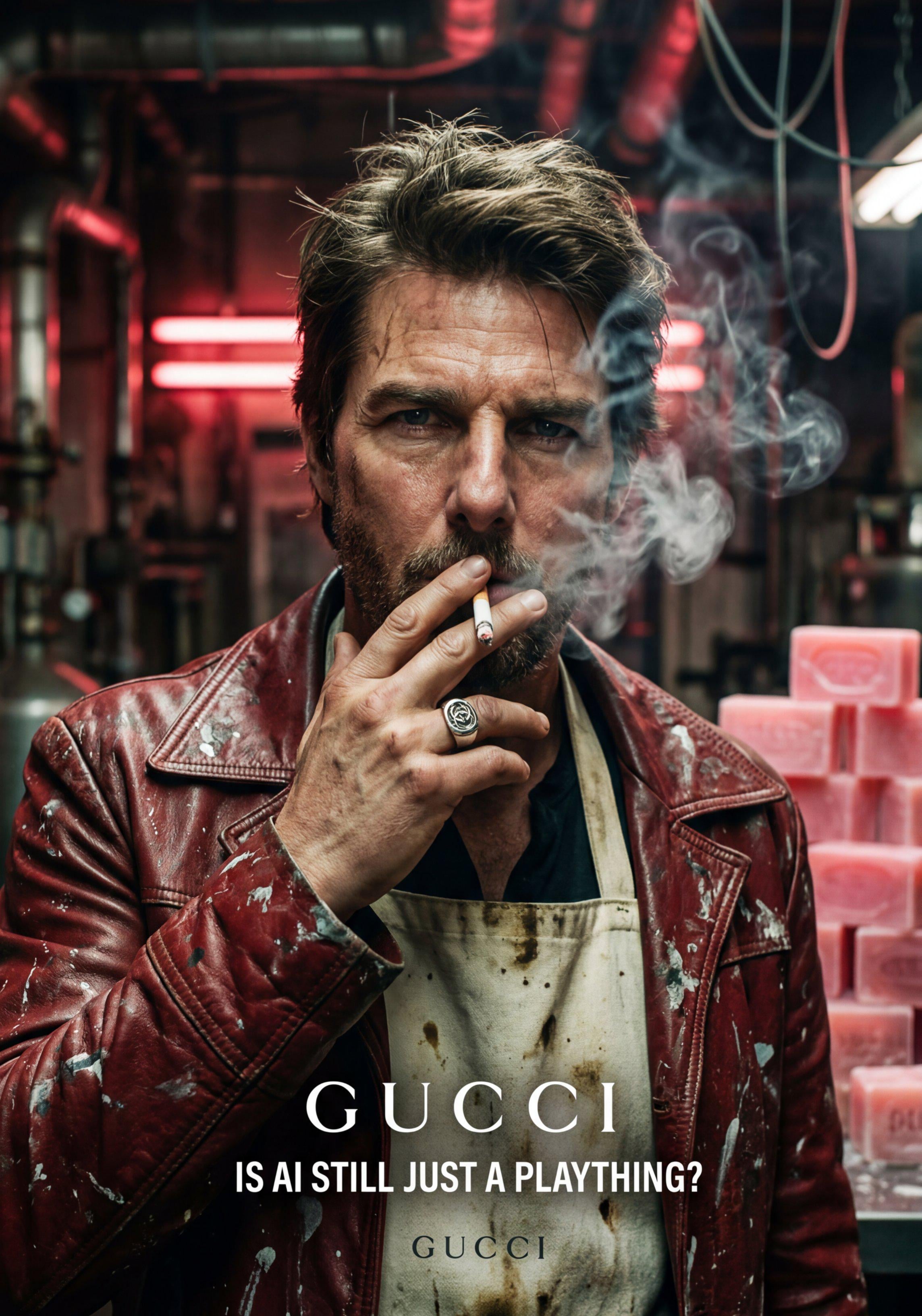 Close-up of a man with messy dark hair holding a lit cigarette, smoke curls upward against a blurred industrial backdrop.