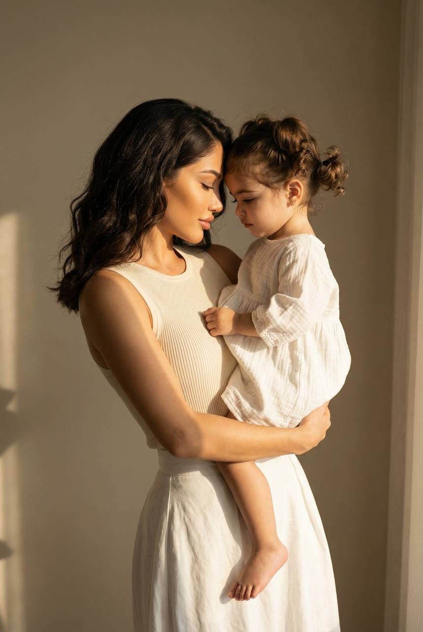Mother And Child Sunlit Room Tender Embrace