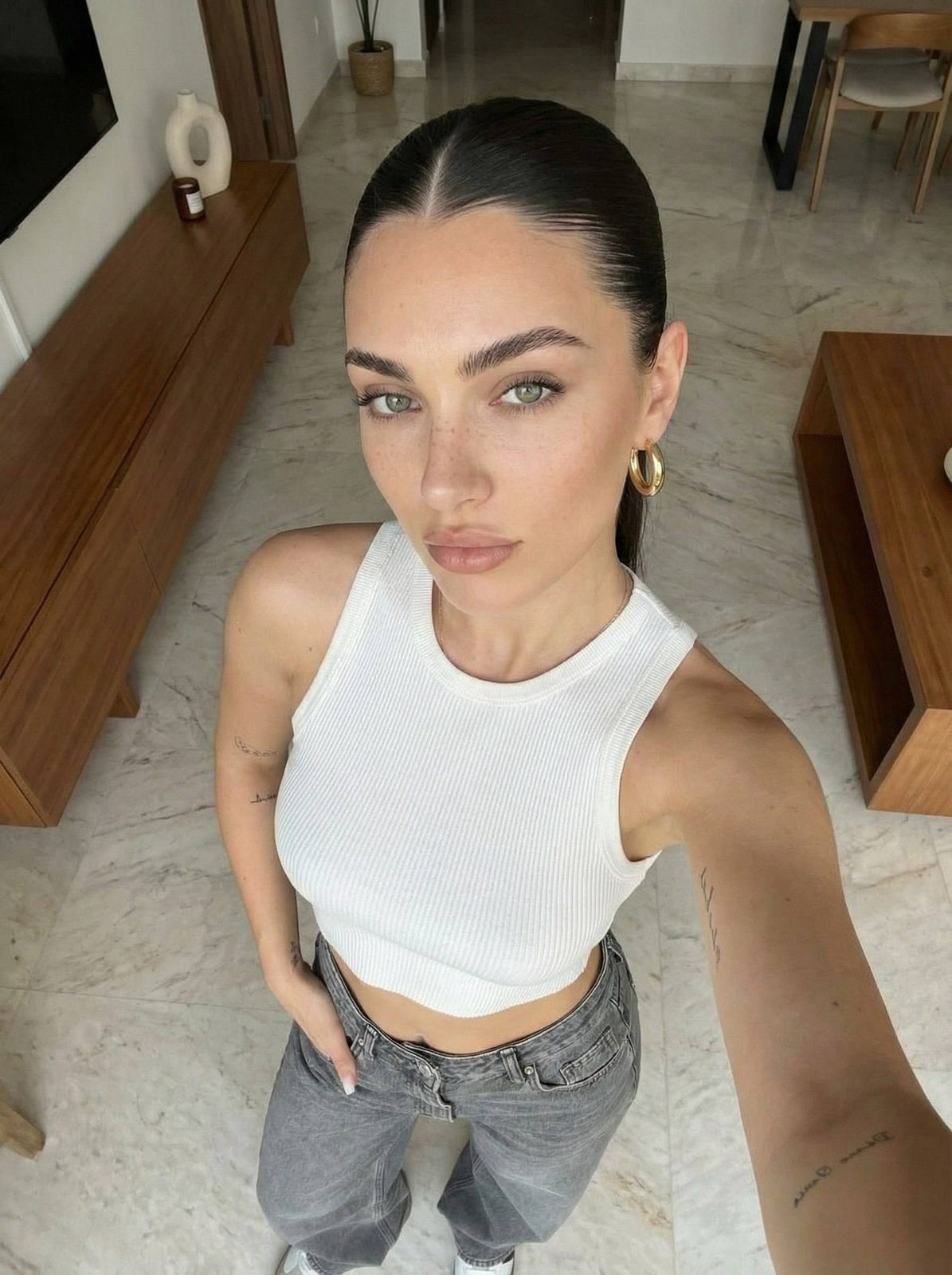 Realistic Woman Marble Floor Crop Top