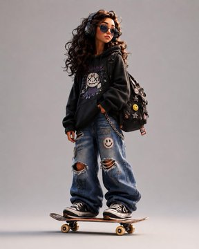 Stylized 3D cartoon character wearing oversized hoodie, baggy jeans, and chunky sneakers, casually standing on a skateboard.