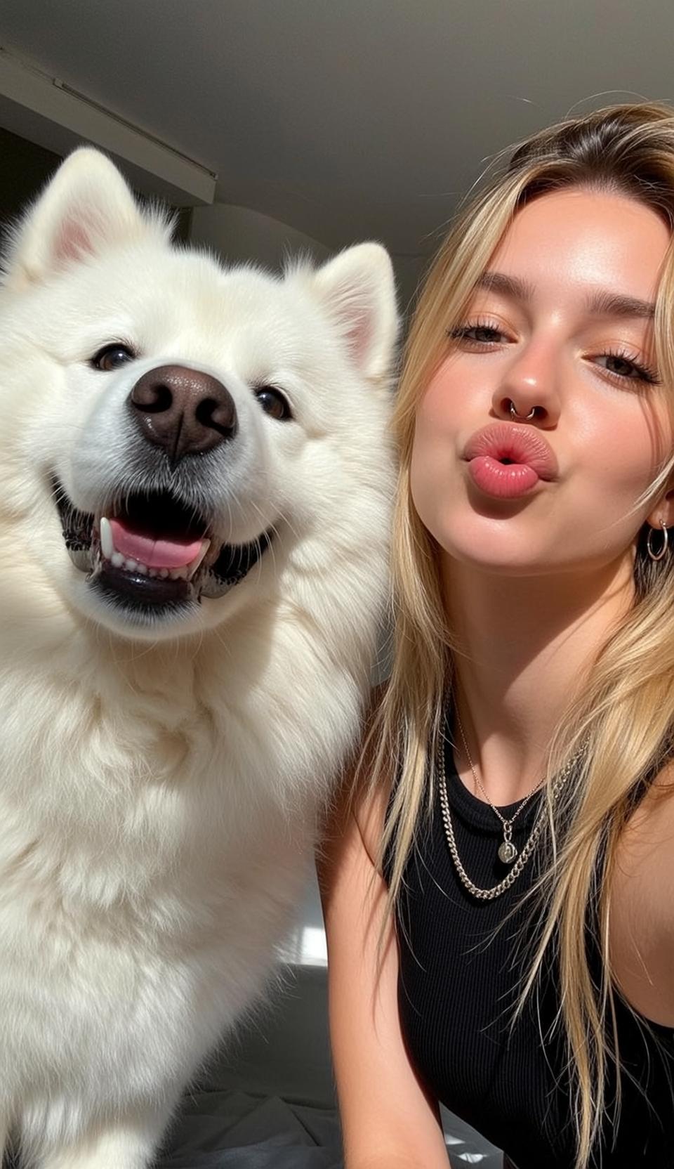 Explore Taking Selfie Fluffy White Dog Both reference photo
