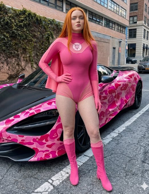 Orange Hair Superhero Woman Sports Car Pose