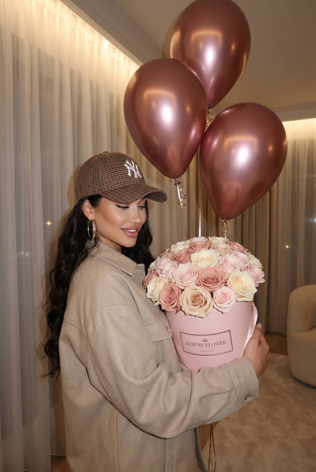 Holding Rose Gold Balloons Pastel Flowers Neutral Apartment