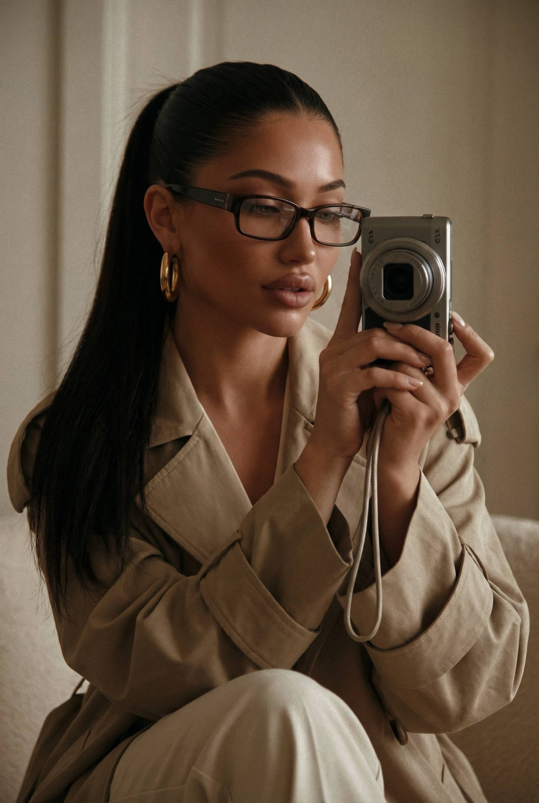 Stylish Woman Mirror Beige Trench Coat Camera