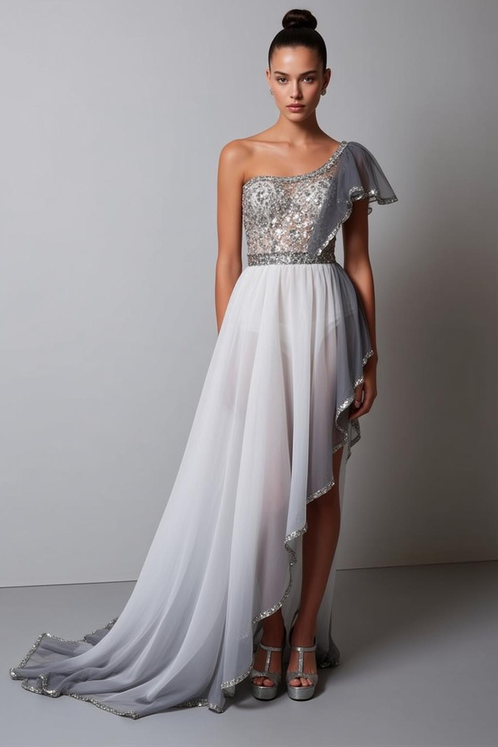 Oneshoulder Sequined Bodice Grey and White Skirt on Studio reference photo