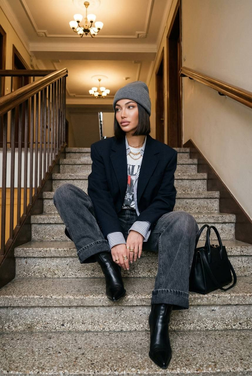 Woman Seated Vintage Stairwell Fashion Portrait
