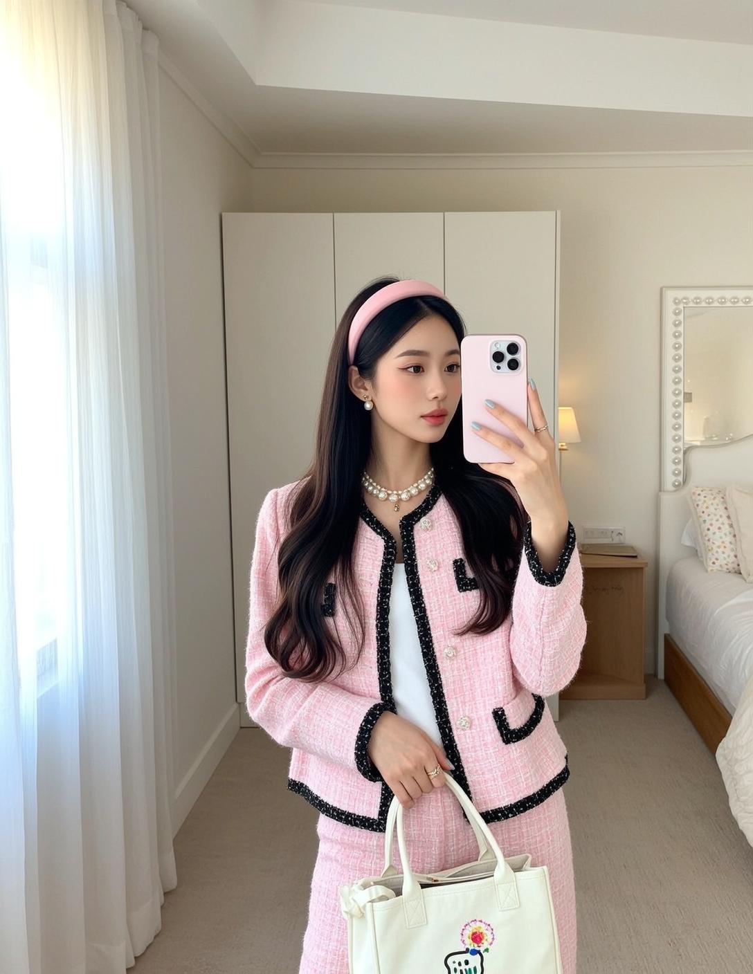 Explore Stands Facing Mirror Holding Pink Smartphone reference photo