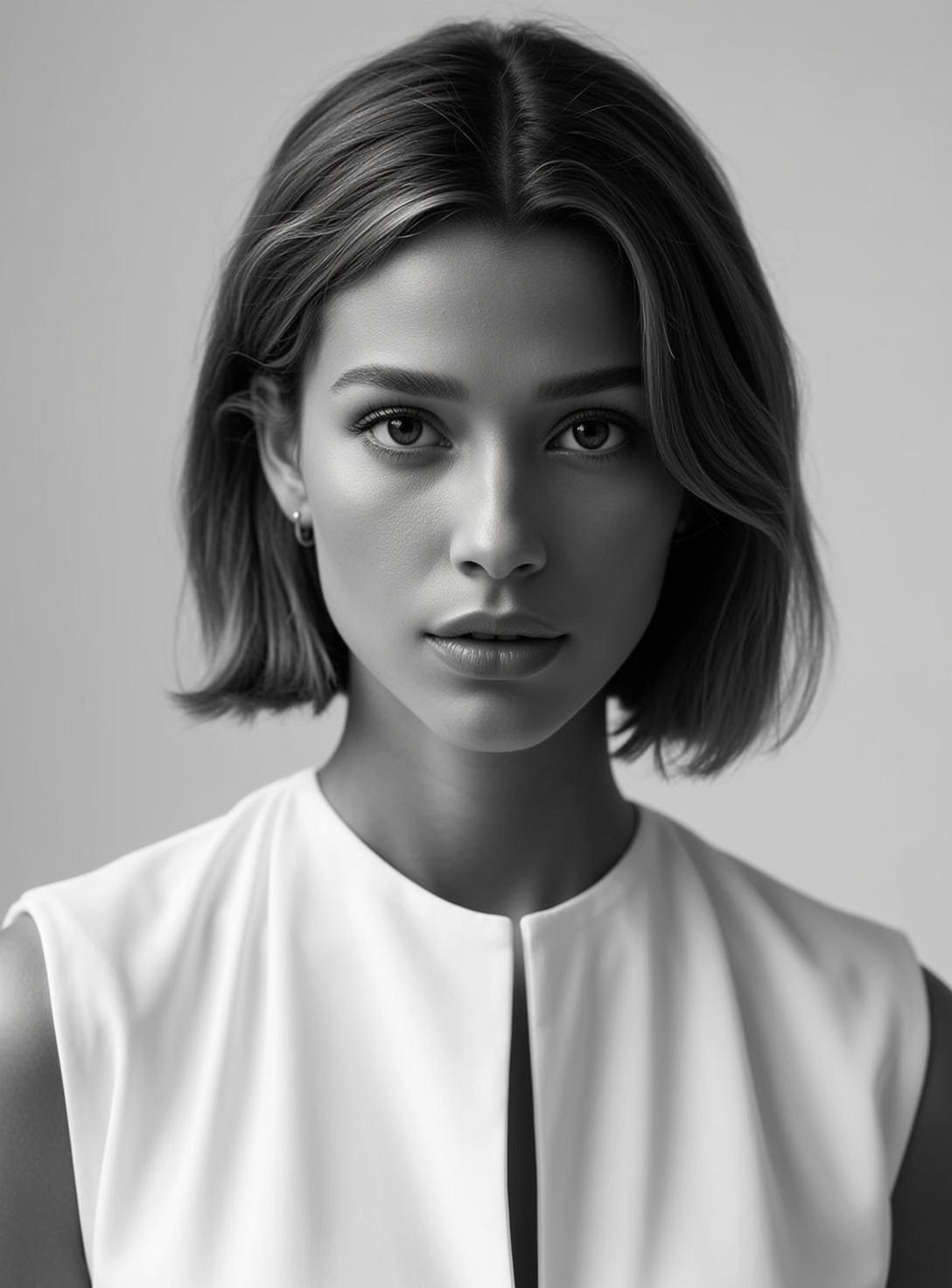 Photorealistic Black And White Medium Close-up Portrait Young Woman With reference photo