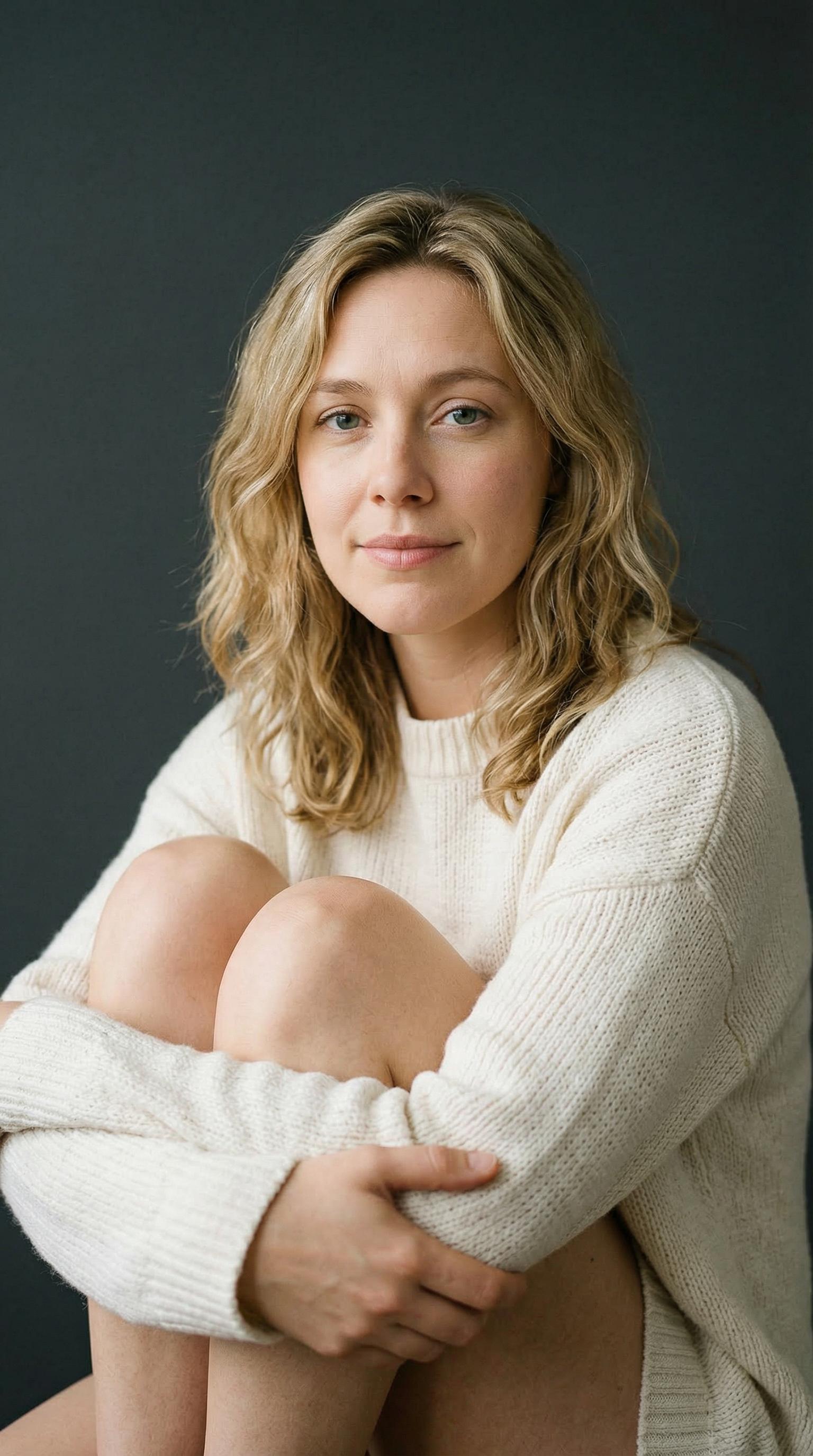 Cozy Ivory Sweater Studio Portrait Calm Thoughtful Pose