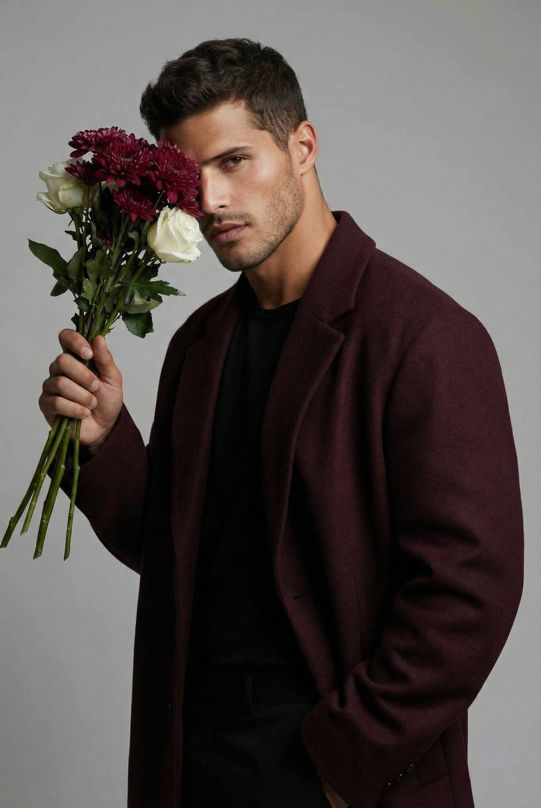 Male Editorial Portrait Burgundy Flowers Studio