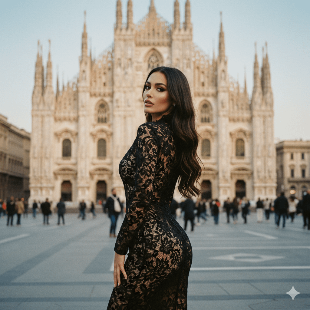 A woman in a black lace dress poses elegantly, looking over her shoulder with a serene expression against a blurred Gothic cathedral.