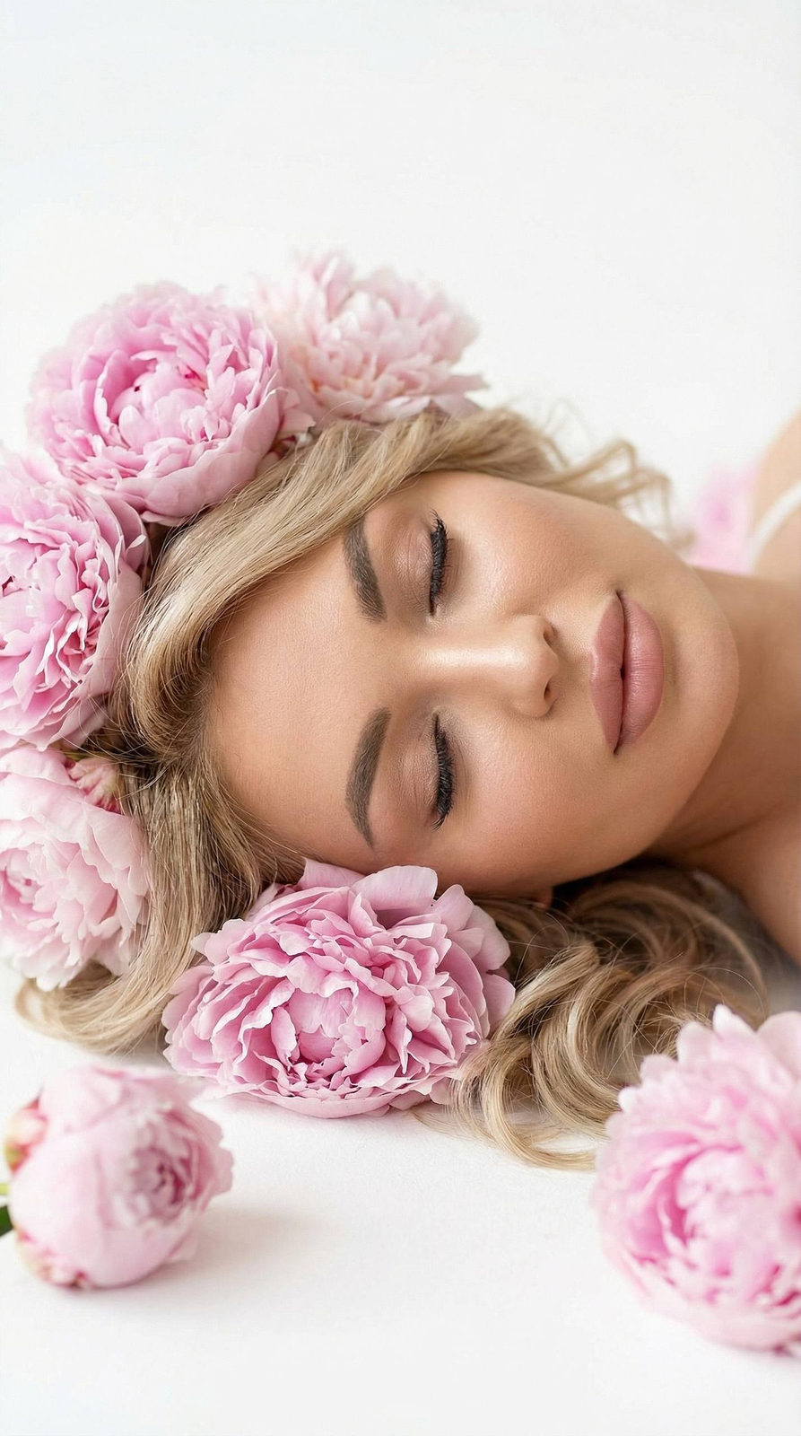 Girl Face Pink Peonies Floor Soft Light