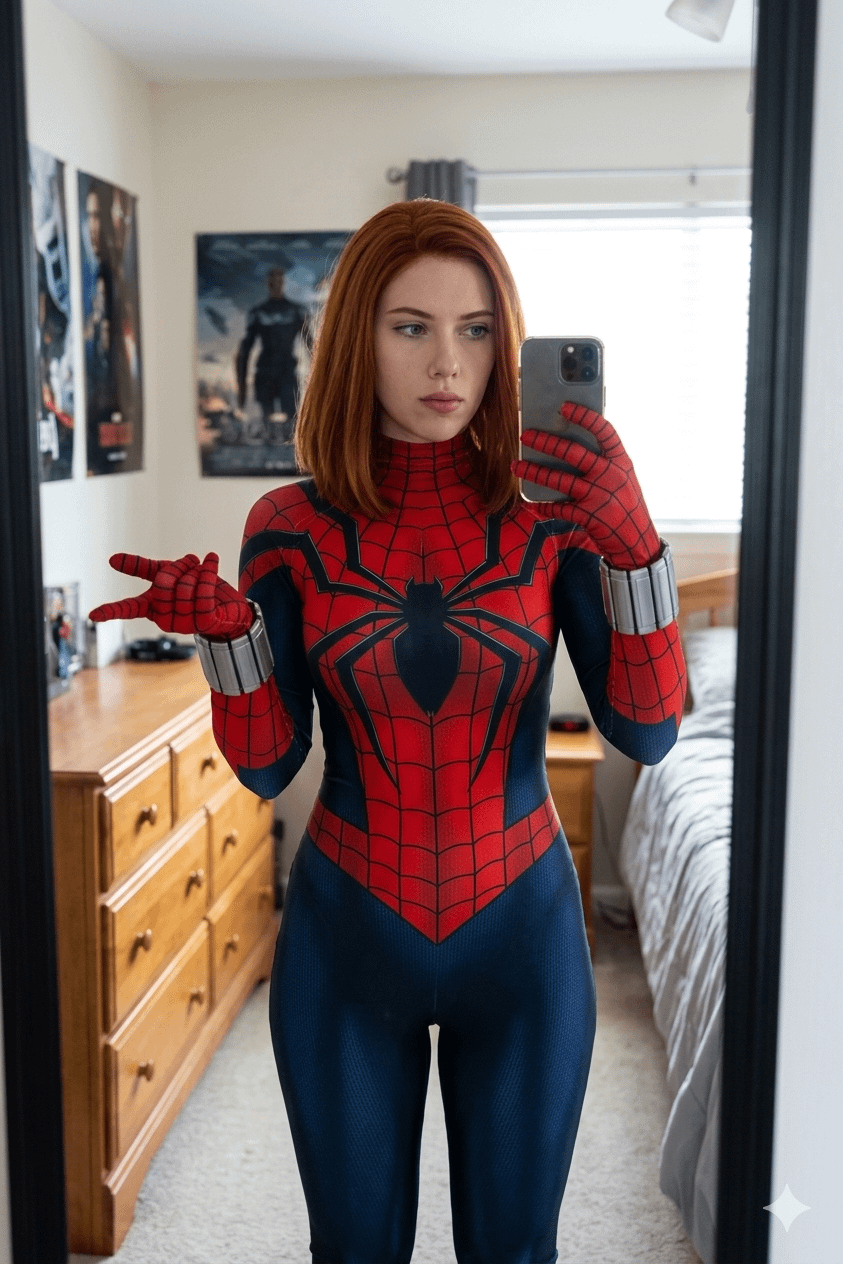 Spider Girl Cosplay Mirror Selfie In Bedroom reference photo