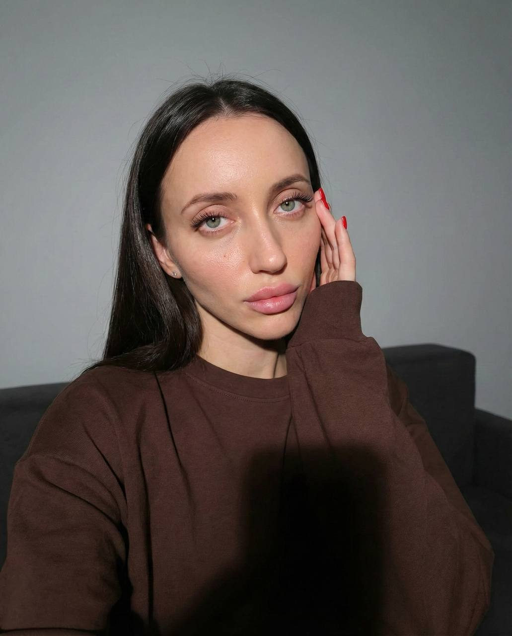 Realistic Girl Selfie Gray Wall Sofa