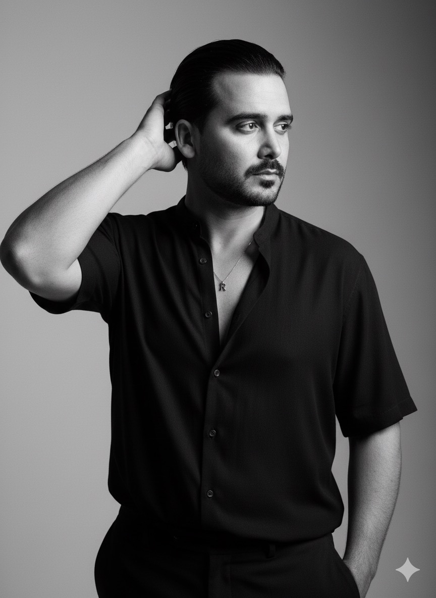 A serious black model in a near-profile pose, hair slicked back, wearing a loose black shirt and a silver pendant.