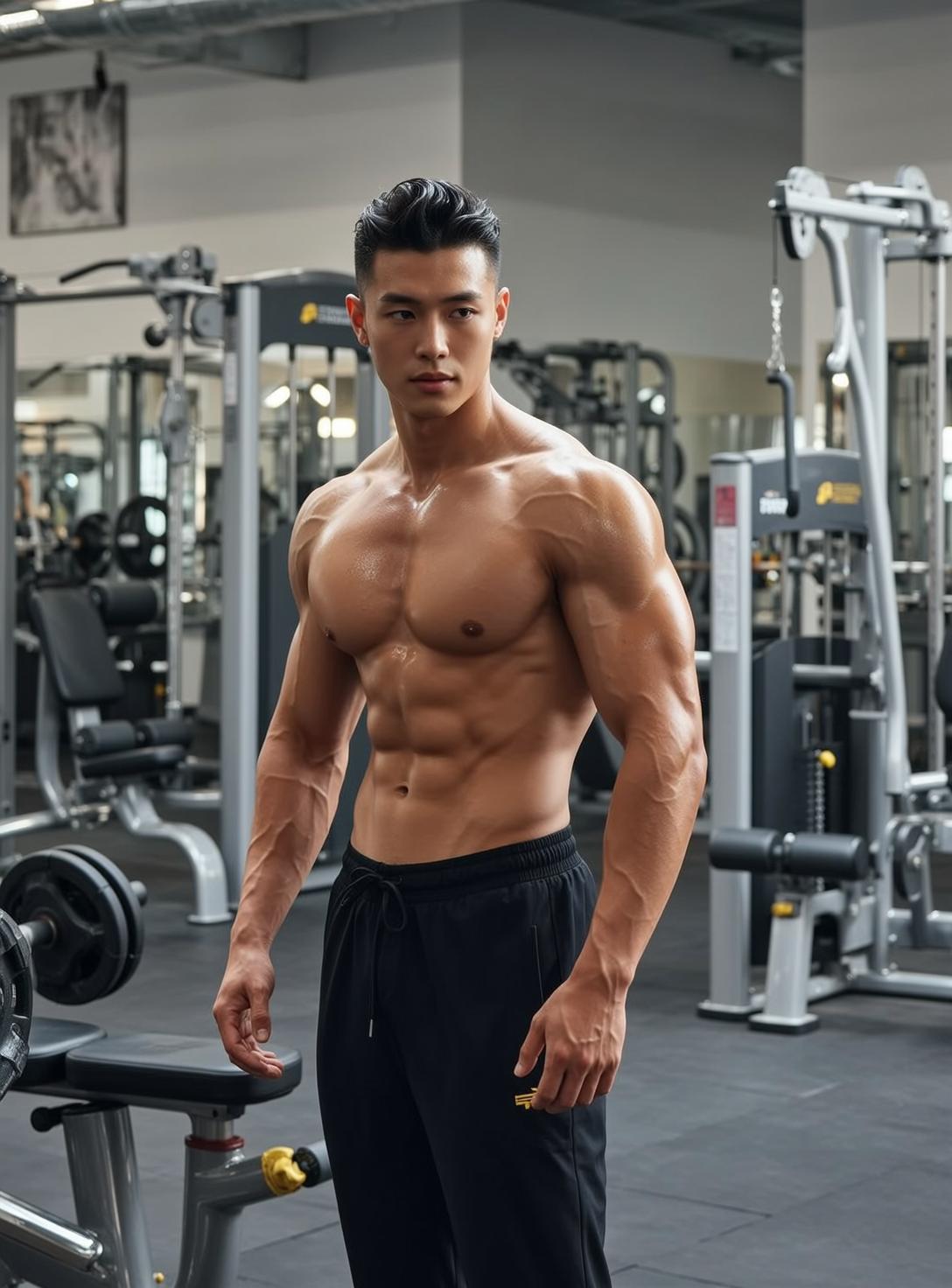 Muscular Asian Black Styled Tan Sweaty Sweatpants reference photo