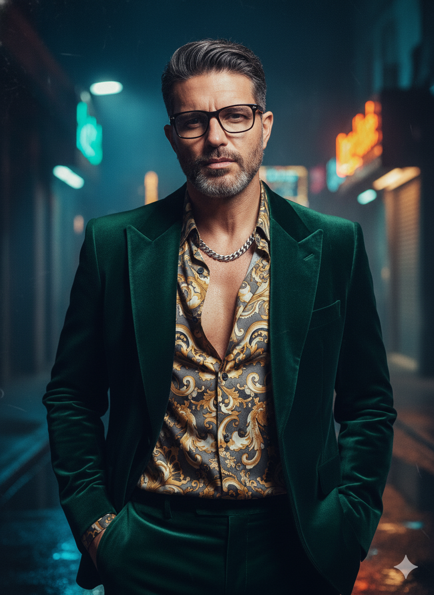A man in a confident pose, styled like a Vogue magazine cover, with vibrant colors and glossy skin under bright studio lights.