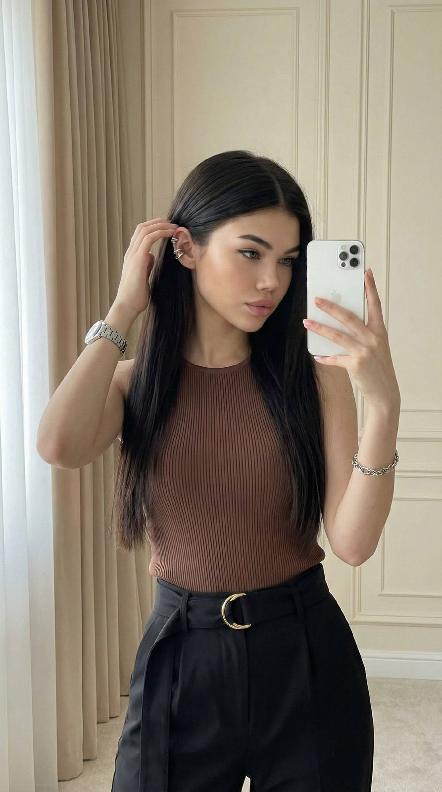 Realistic Woman Mirror Selfie Beige Interior