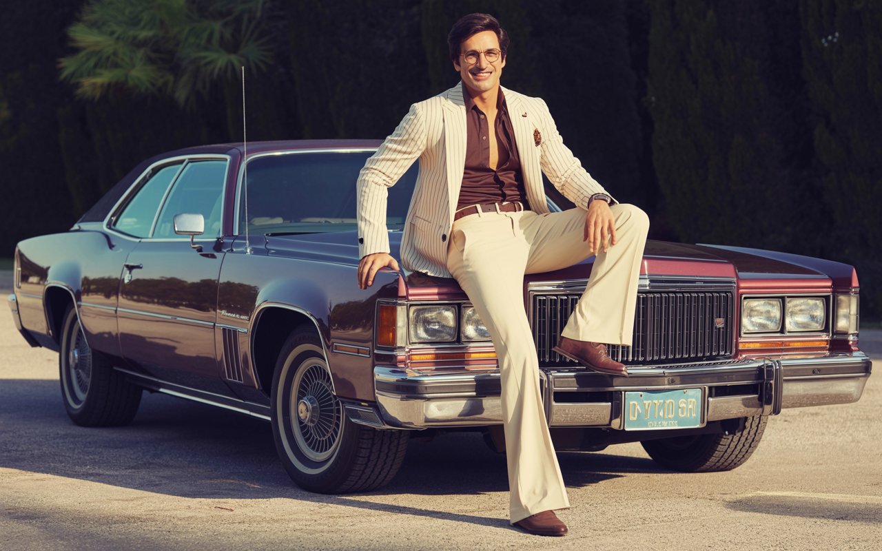 Handsome male model in a cream pinstripe blazer on a vintage Cadillac, glowing in golden hour light.